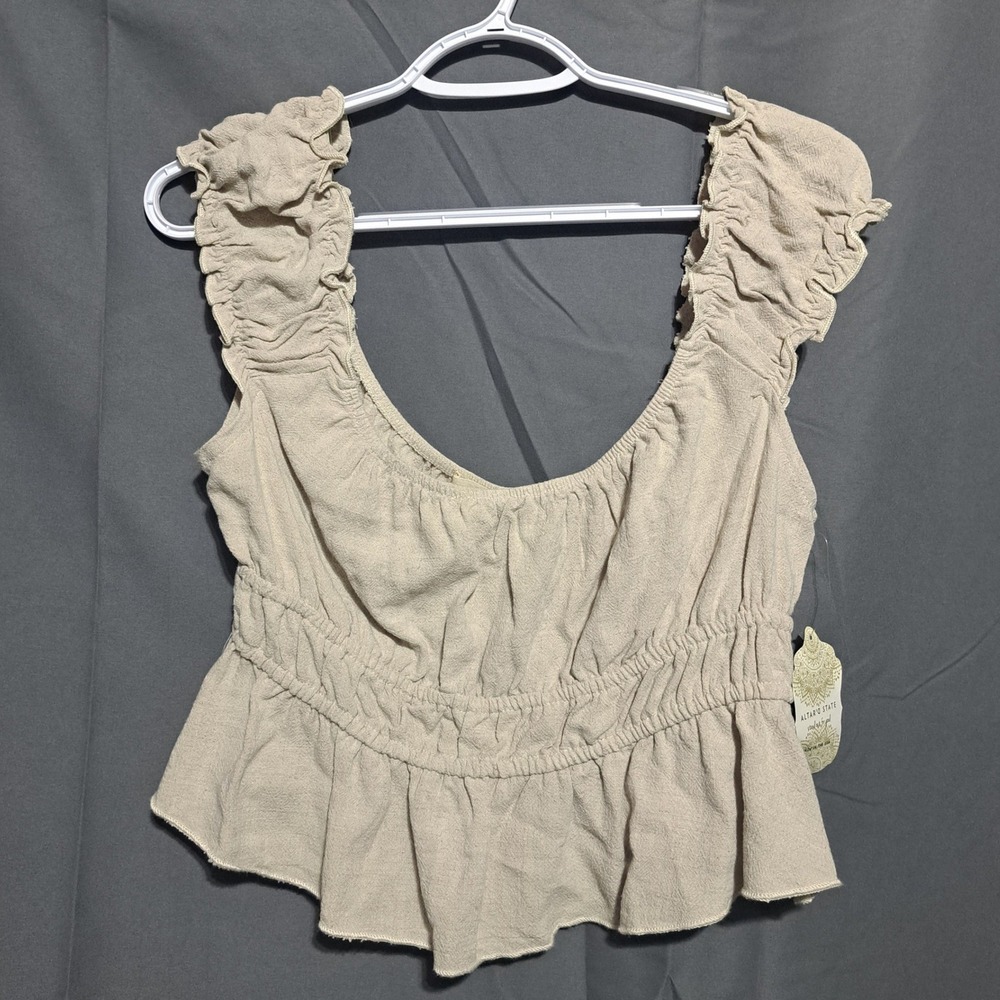 NWT‎ Altar'd State SZ L Natural Beige Smocked Peplum Crop Top Ruffle Linen Blend